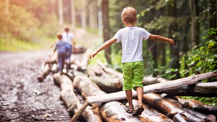 Gothaer Waldversicherung: Kinder balancieren auf Baumstämmen im Wald.